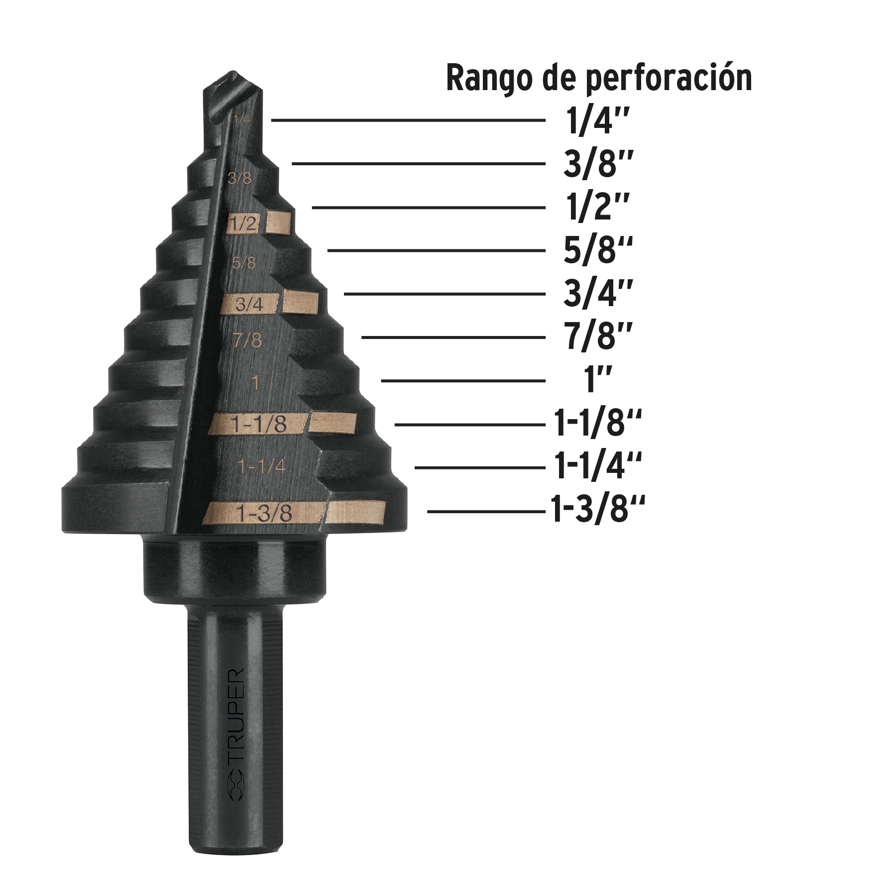 BROCA ESCALONADA OXIDO NEGRO 10 ESCALONES 14 A 1 3 8 TRUPER
